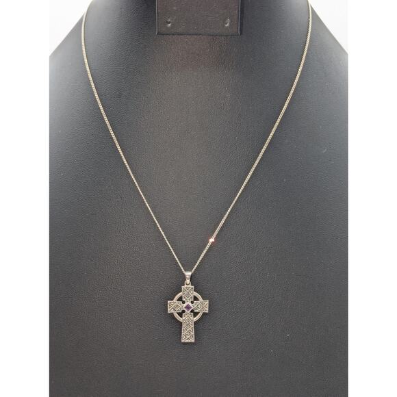 925 Sterling Silver Marcasite Amethyst Celtic Cross Pendant Chain 18" Necklace - Picture 3 of 8